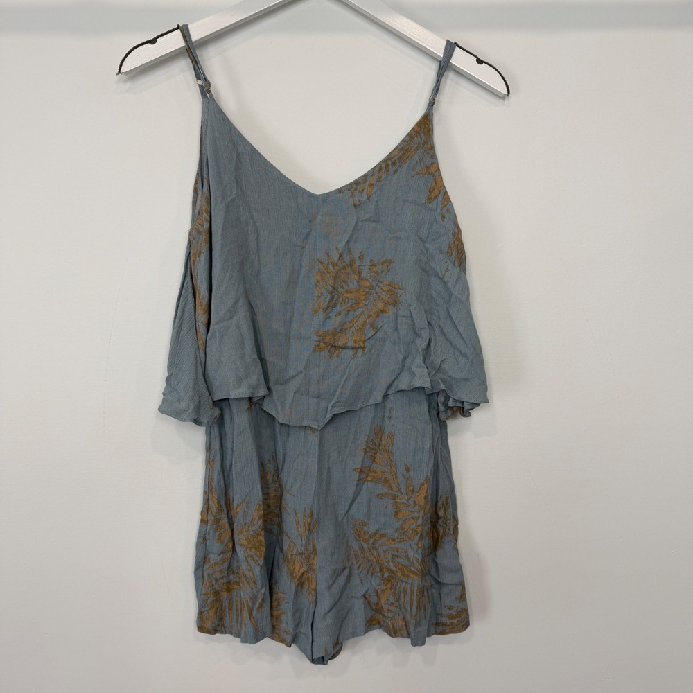 Bishop + Young Blue Tropical Palm Print Tiered Romper S Earthy Resort Boho